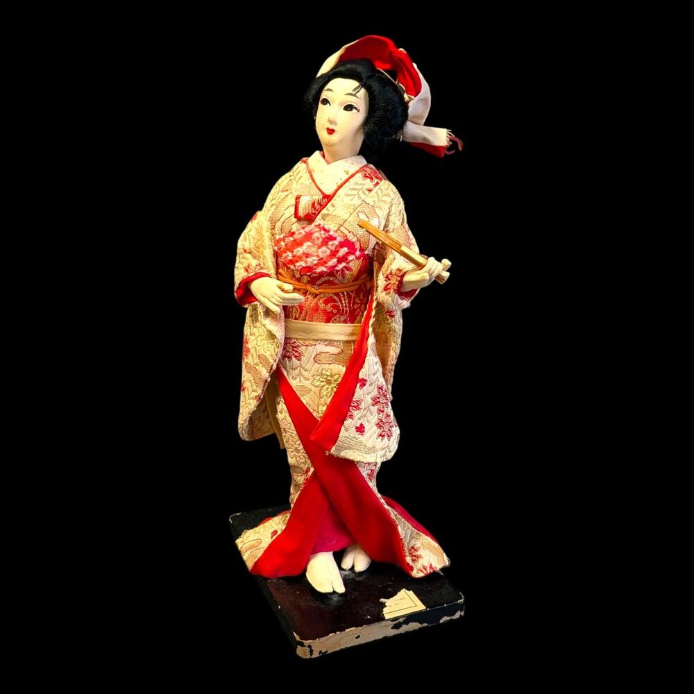 Vintage Nishi & Co 11" Japanese Geisha Silk Kimono Doll on Wooden Base